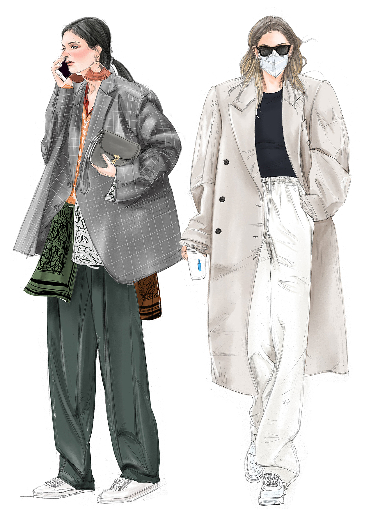 双人组合街拍插画时装画搭配