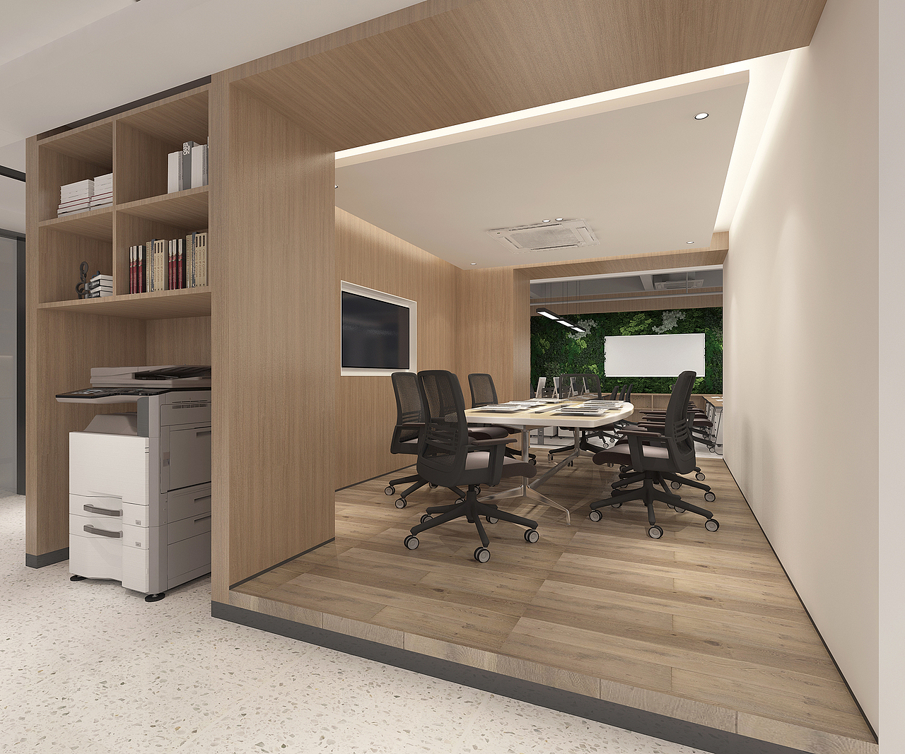 *前厅洽谈室  br>探入其中,中间的大体块接待区将各功能区做了很好的