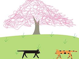 樱花树下小动物在散步