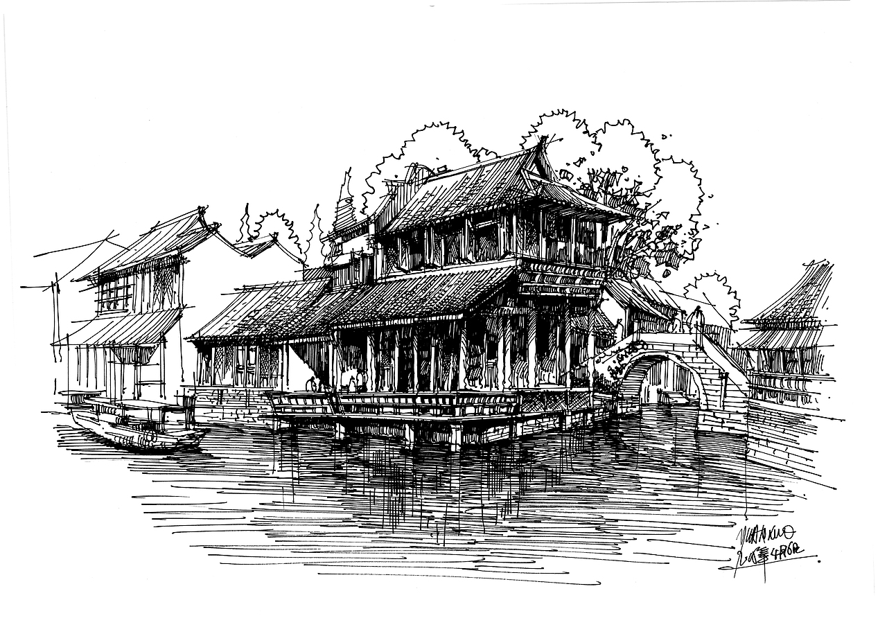 白鹿猿钢笔手绘---东方建筑情节