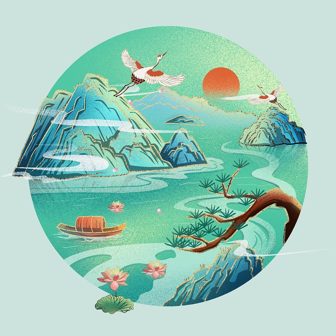 国潮插画课——山水小场景练习