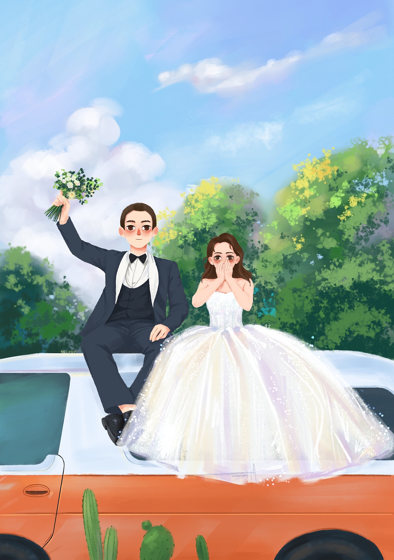 婚纱照手绘,儿插场景,肌理风插画