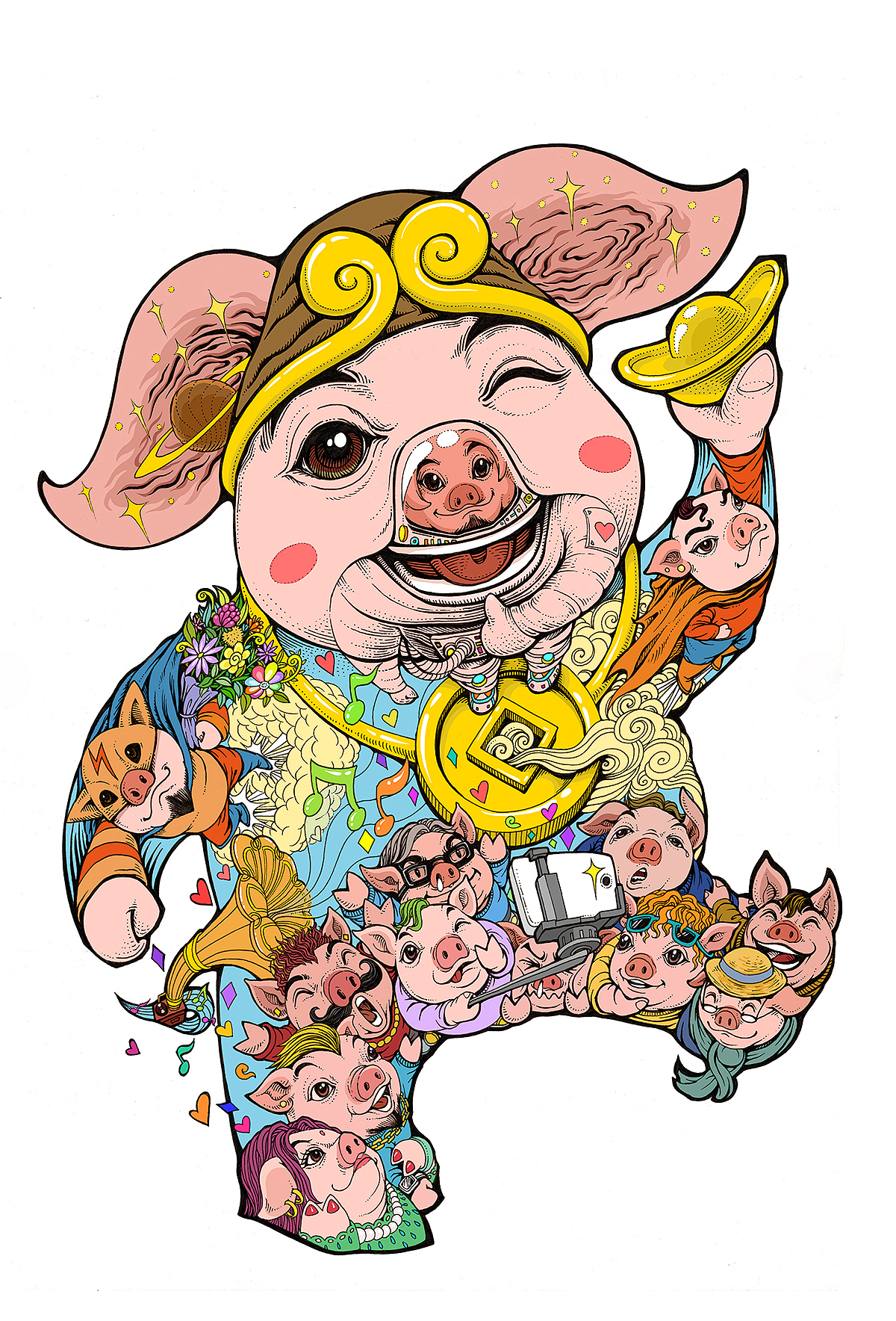 《萌猪部落》：“祝你平安，诸事顺利！”（图ZMTIxMDE4MzY4） - 商业插画 - 站酷设计师傅淳强画者之旅原创素材 - 站酷ZCOOL