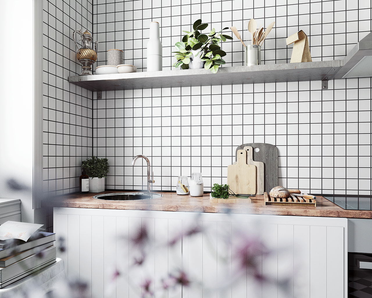 被线条勾勒的白色厨房