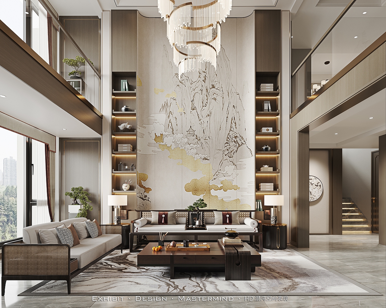 新中式挑空别墅客餐厅 ▏混沌空间写实表现原创