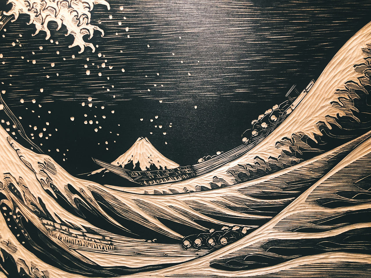 手工雕刻神奈川冲浪里黑白木刻版画定制（图ZMjI3MTYzNDE2） - 绘画 - 站酷设计师南山晓原创素材 - 站酷ZCOOL