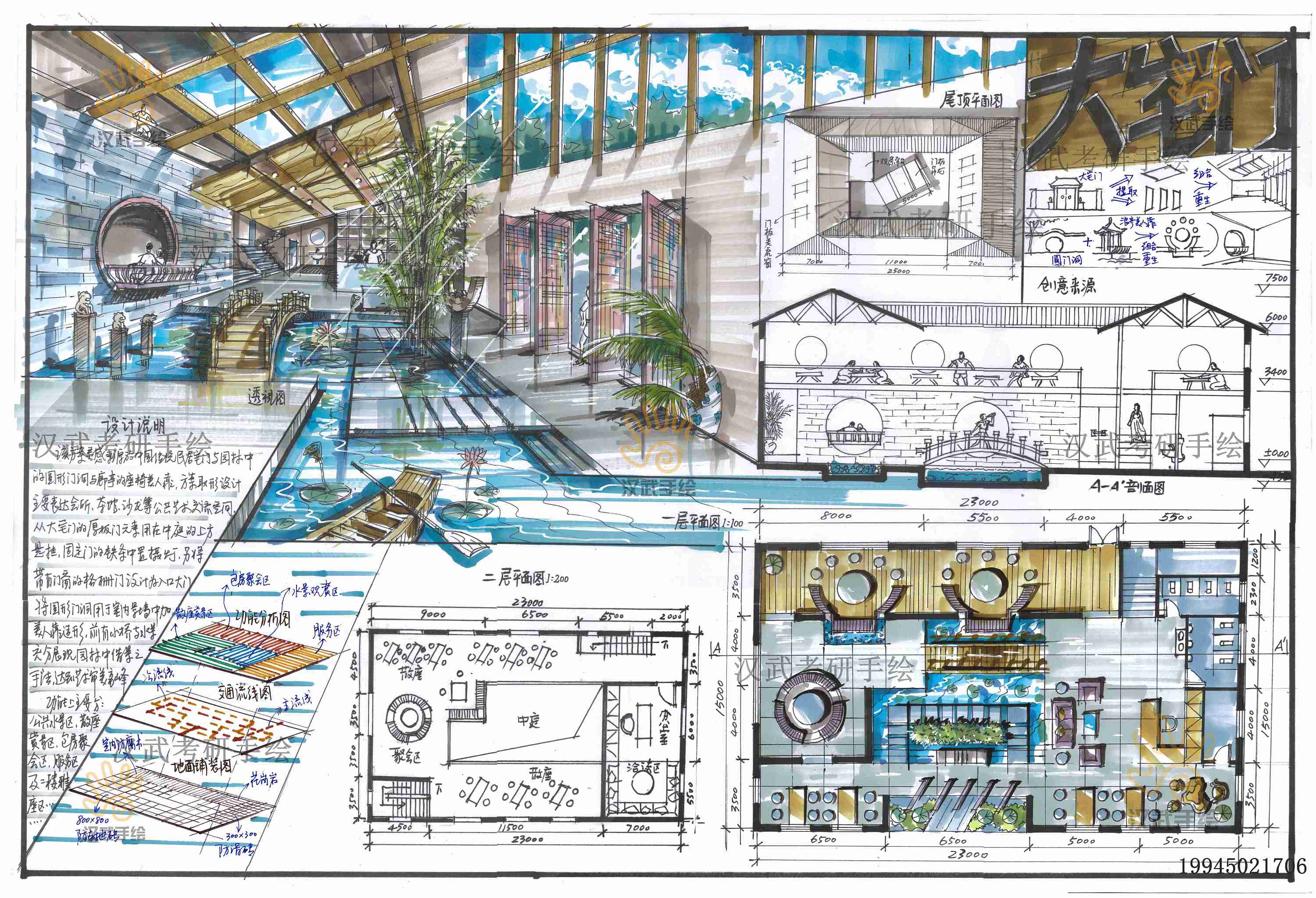 优秀室内展示书吧餐厅艺术空间设计考研手绘快题模版