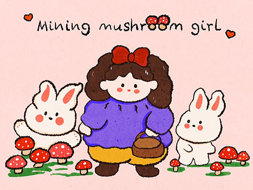 治愈小插画采蘑菇的小姑娘
