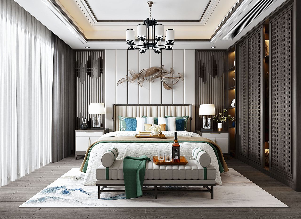 新中式卧室效果图（图ZMjcxMTcxMjQ0） - 家装设计 - 站酷设计师东晋全案设计原创素材 - 站酷ZCOOL