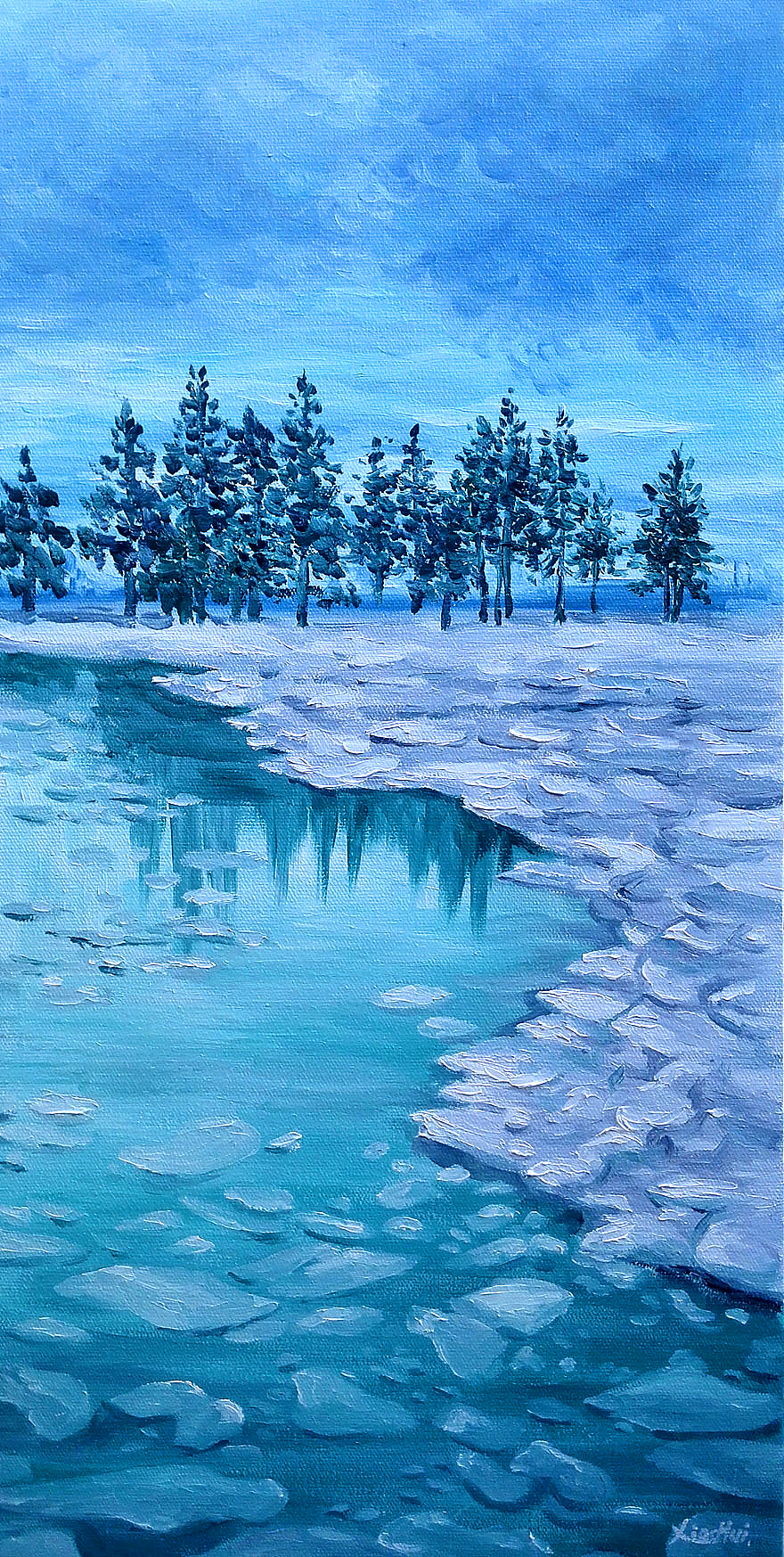 《冬日湖畔》原创布面油画