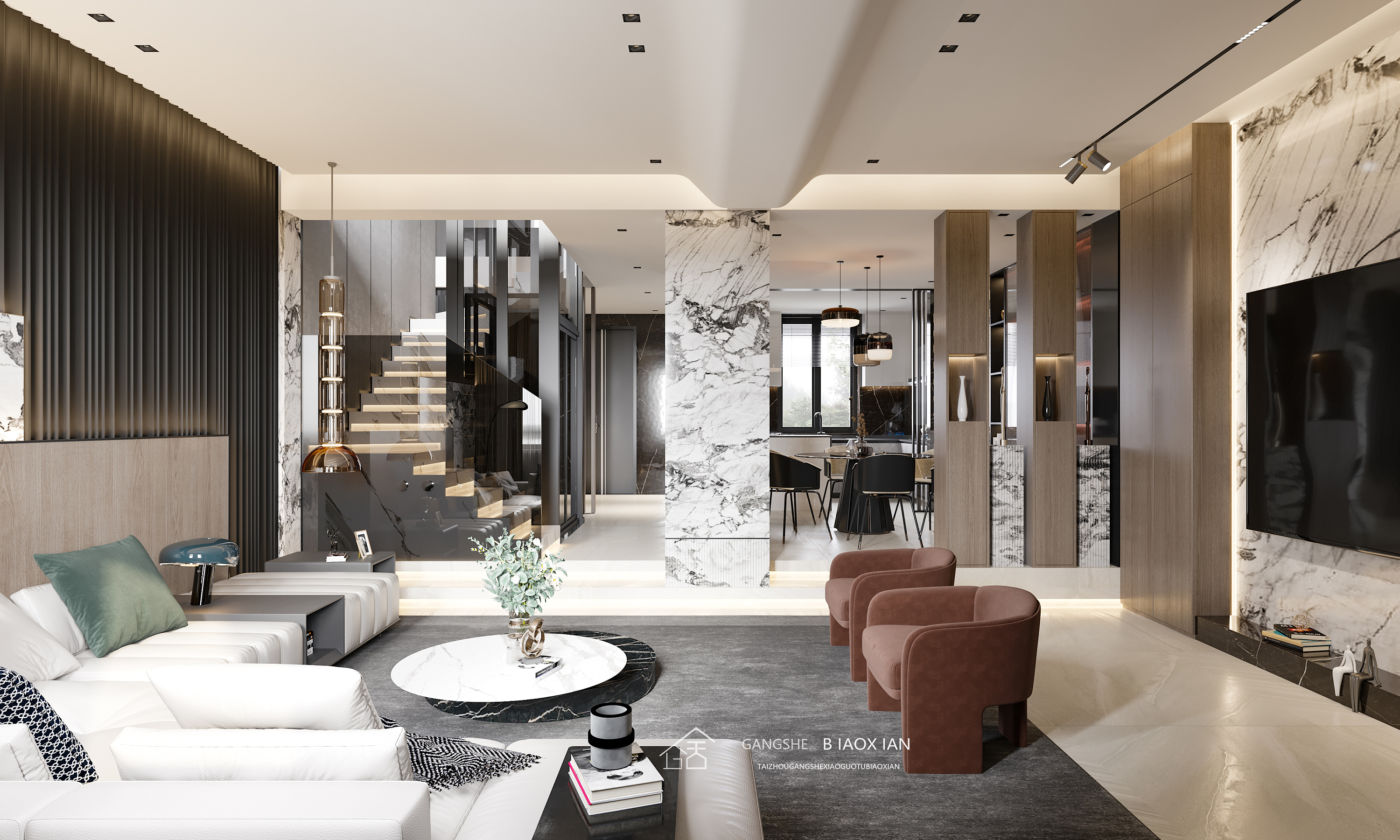 现代别墅全屋 · 效果图作品|空间|家装设计|冈舍效果图表现 - 原创