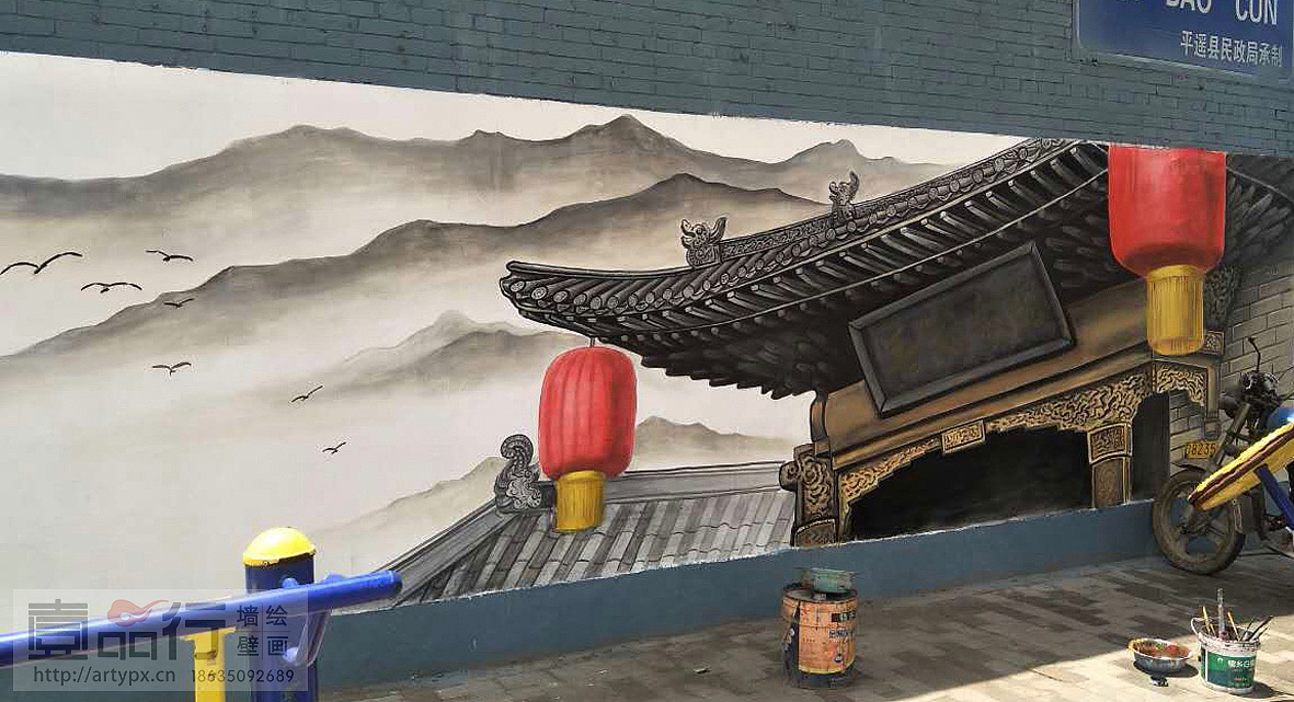 大型国画墙面彩绘|平遥彩绘|中式墙面彩绘|文化墙彩绘