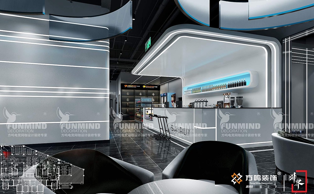 赛瑞电竞(入口.吧台)-效果图,实景对比-电竞馆|网咖电竞酒店综合体设计装修_赛瑞电竞综合体设计