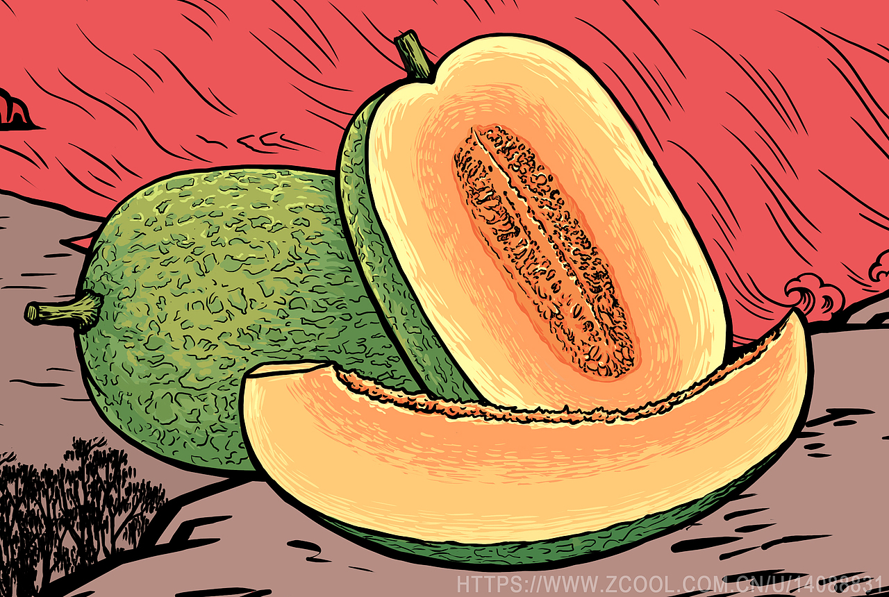 兰考红薯哈密瓜插画产品包装版画风格红色文化