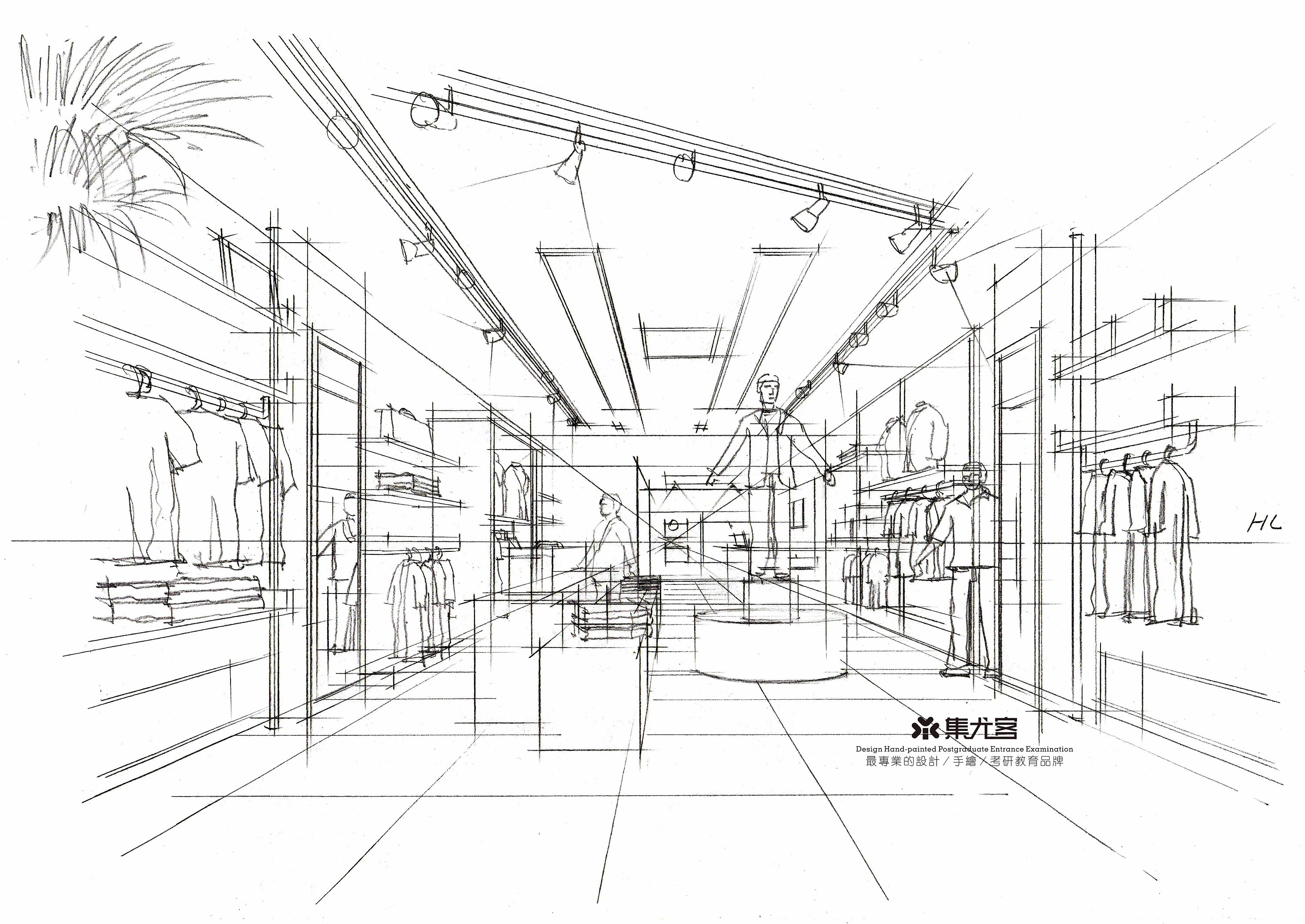 商场中庭空间手绘表现—线稿篇 - 室内设计教程_马克笔手绘 - 虎课网