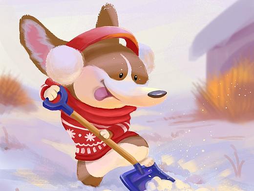 小柯基铲雪插画