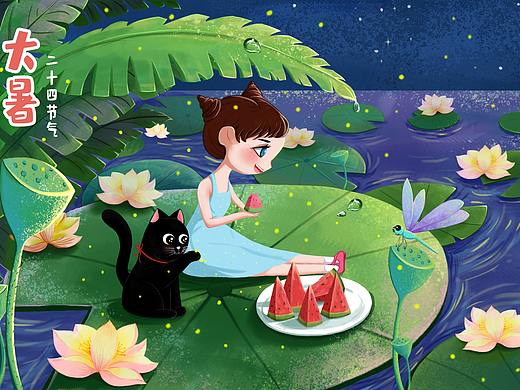 夏天大暑二十四节气夜晚小女孩与猫咪吃西瓜乘凉插画