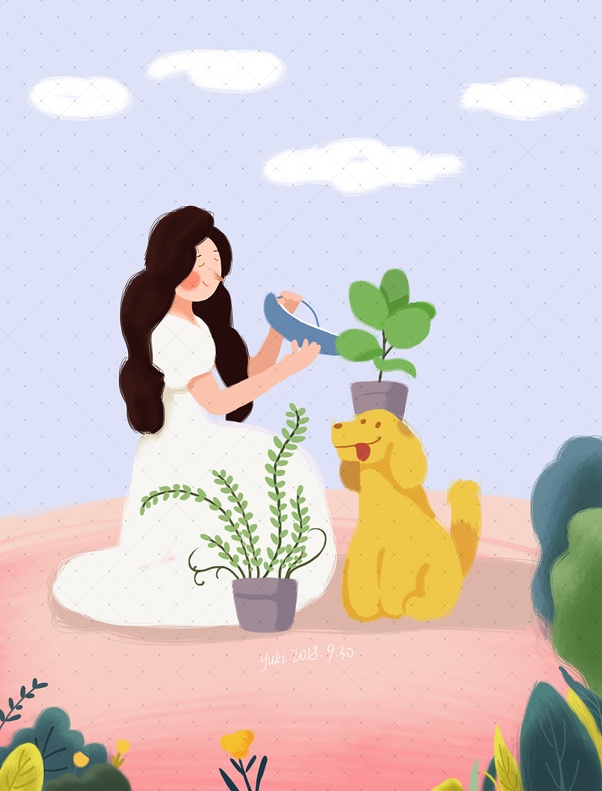 女孩与狗手绘插画学习