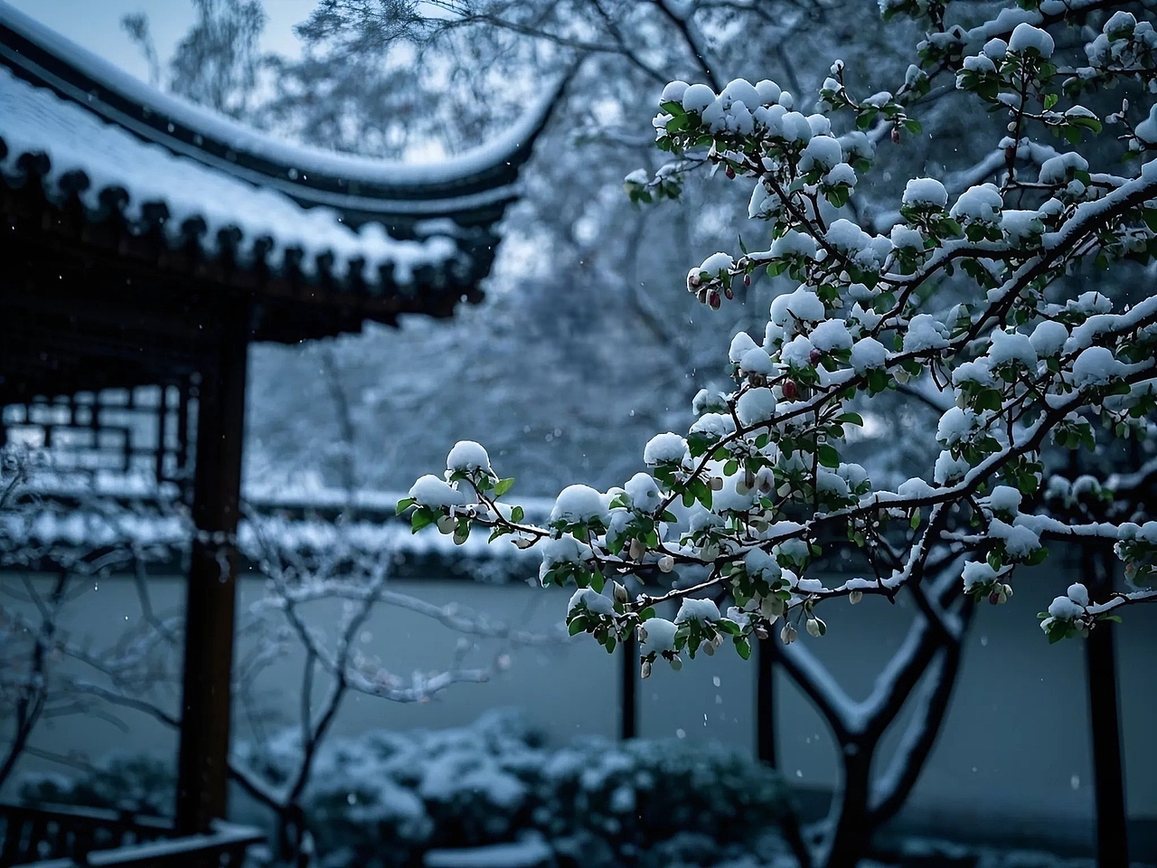 《雪映苏园海棠梦,清夜幽姿韵无穷》