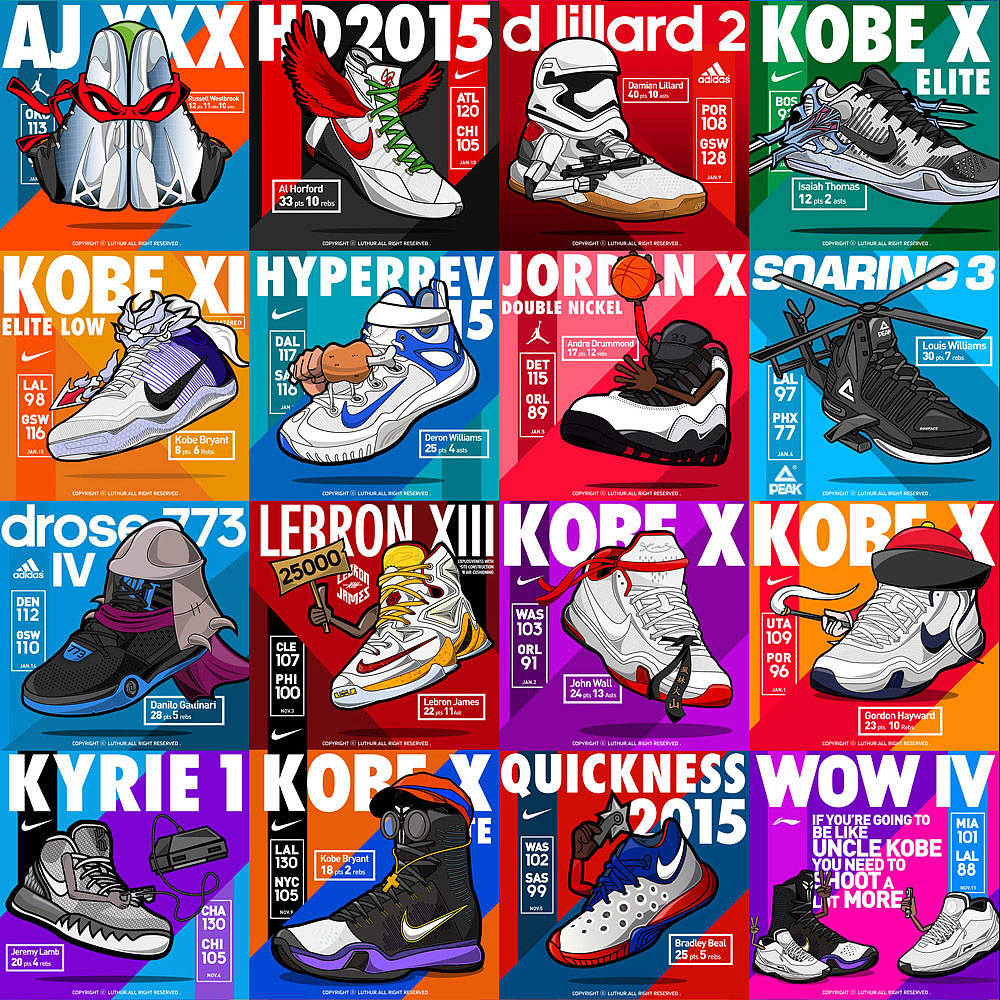 1个赛季，164个比赛日，每天一场比赛一个球员一双鞋一个故事（图ZNTg2NjkwMjQ=） - 商业插画 - 站酷设计师luthur原创素材 - 站酷ZCOOL