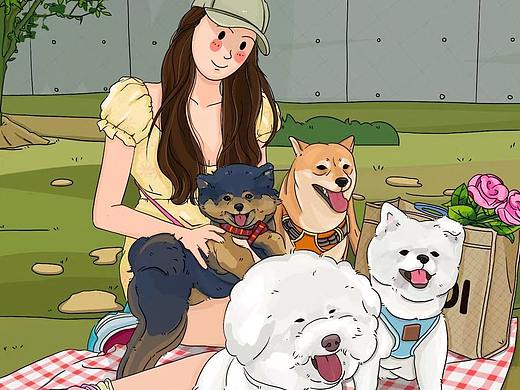狗狗插画夏日时光-我的它们