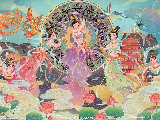 印象·敦煌伎乐飞天图（个人主页-ZNTU1MzQ4MDQ=） - 商业插画 - 站酷设计师鸢尾工作室原创素材 - 站酷ZCOOL