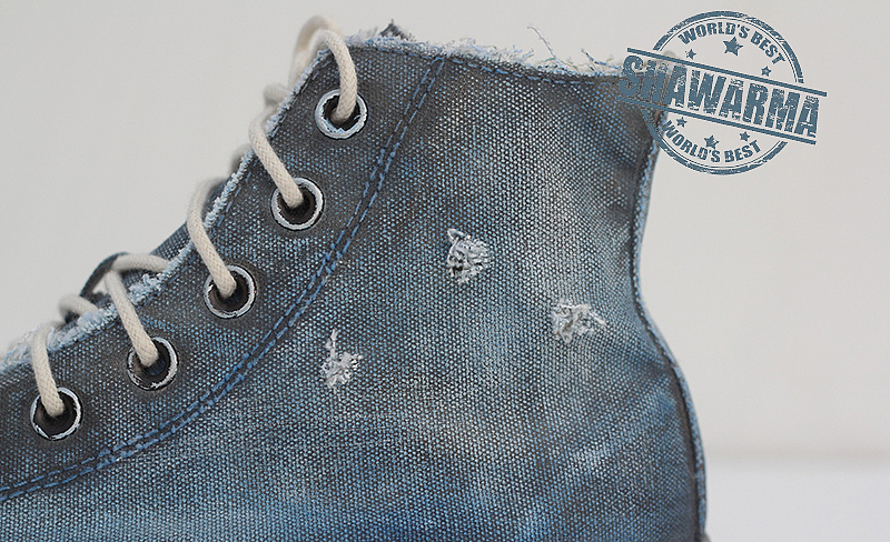 经典公路风格牛仔色打磨手工水洗做旧帆布鞋