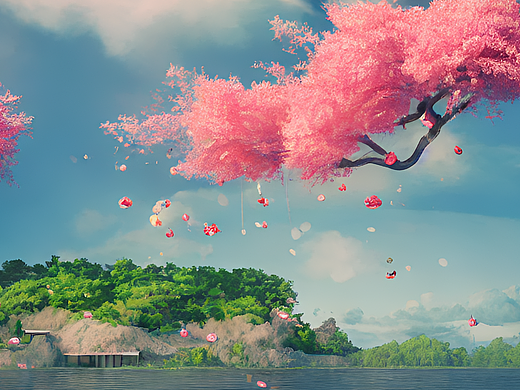 ai创作实验室#悬浮的小岛,樱花树,云,花瓣飞舞
