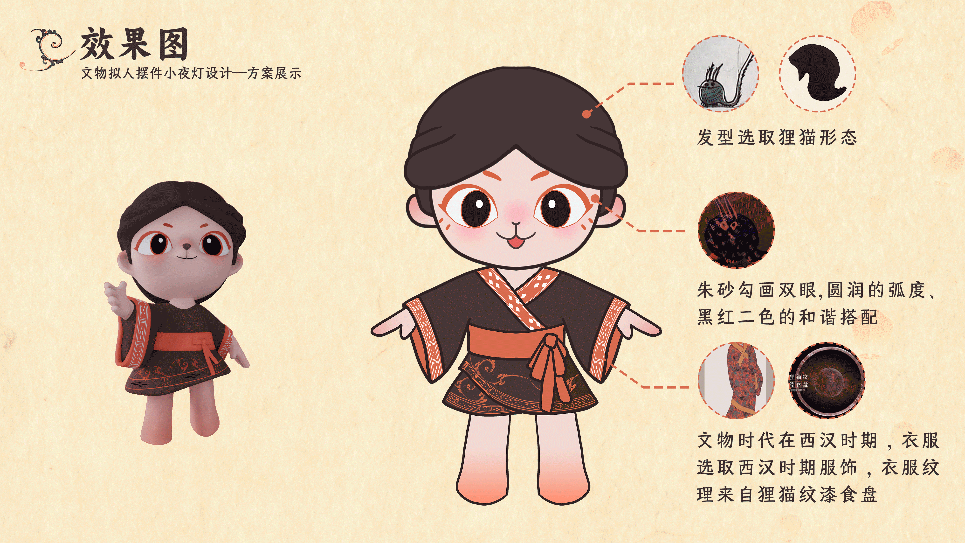 文物拟人摆件小夜灯文创设计——君幸食 狸猫纹漆食盘