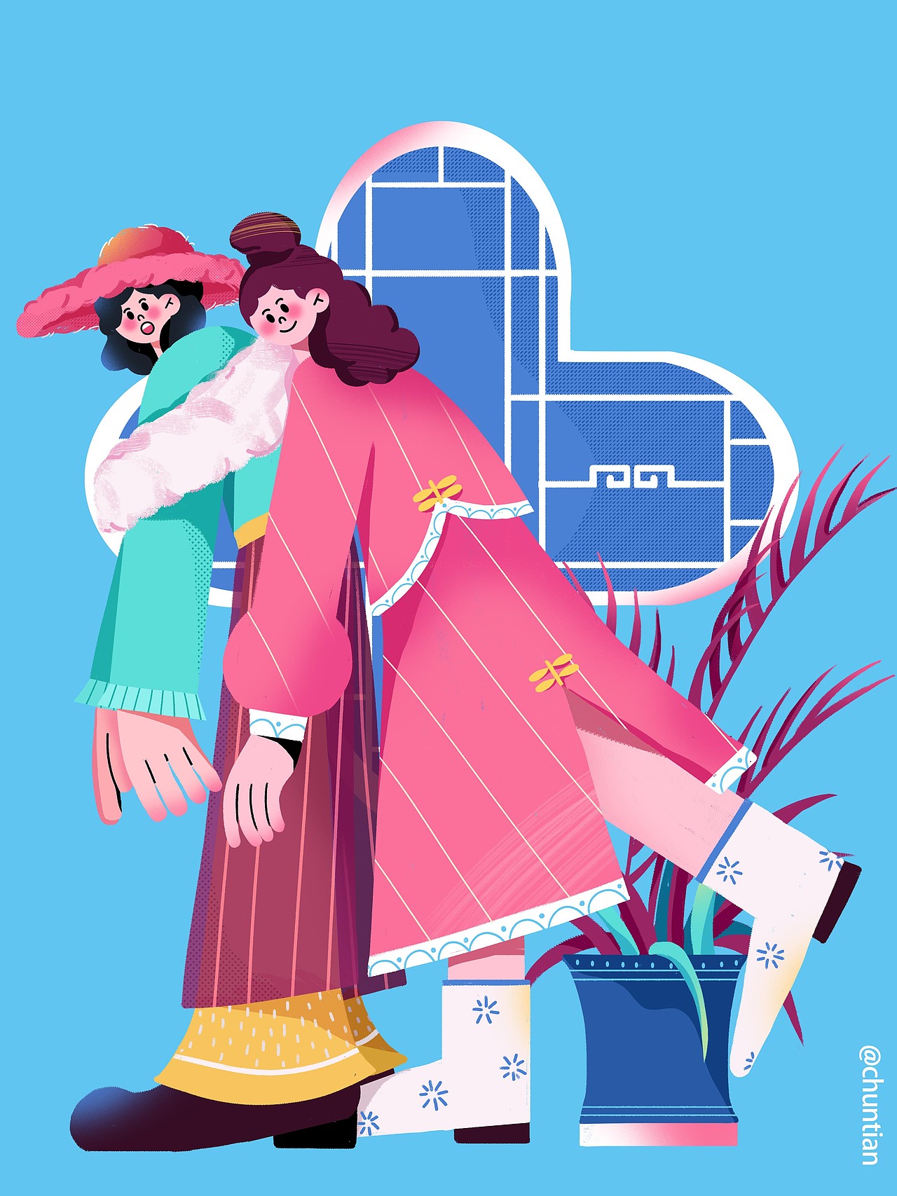 新中式女孩原创扁平插画