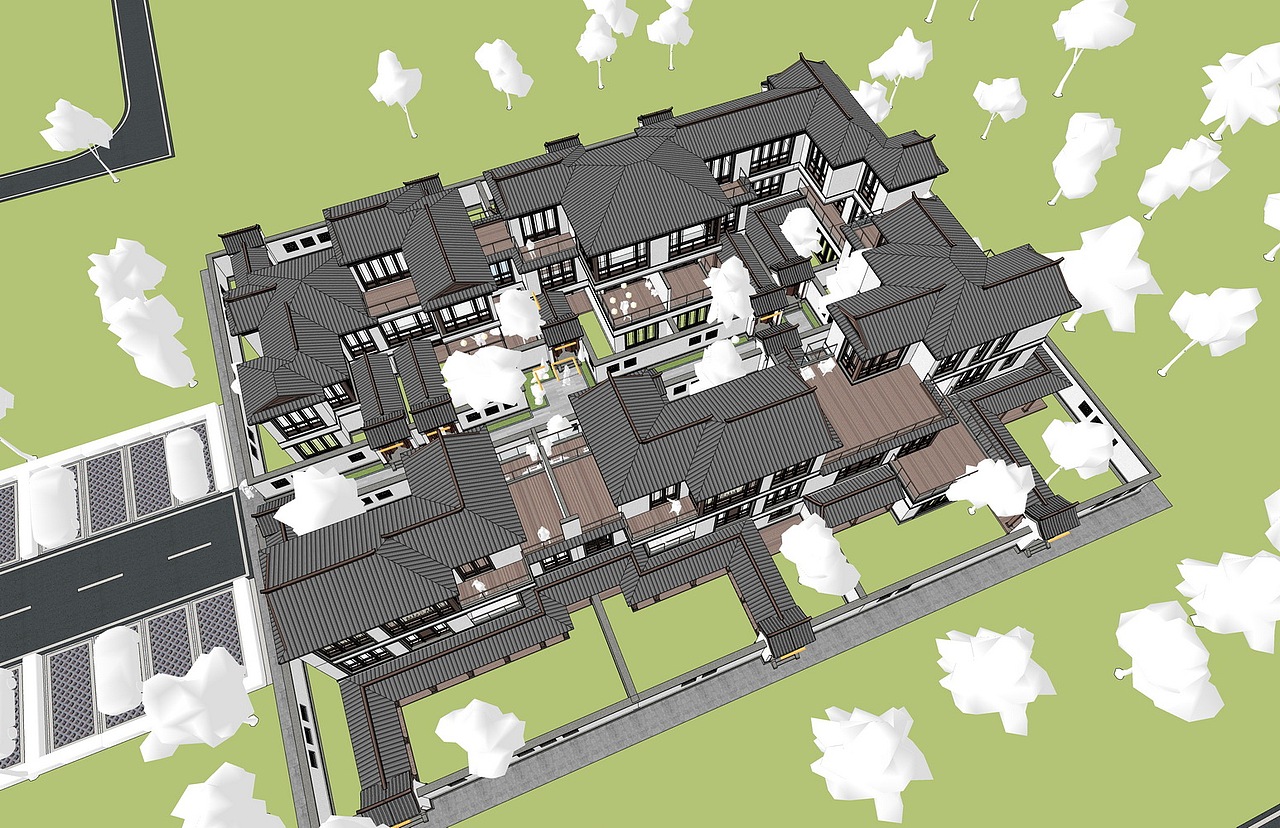 新中式合院别墅SU模型下载