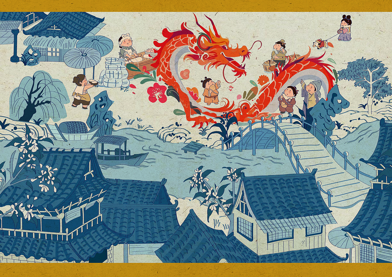 中国风插画《江南水乡——龙年》矢量软件绘制！（图ZMzYwMzc2NzI4） - 商业插画 - 站酷设计师一条小鱼Yu原创素材 - 站酷ZCOOL