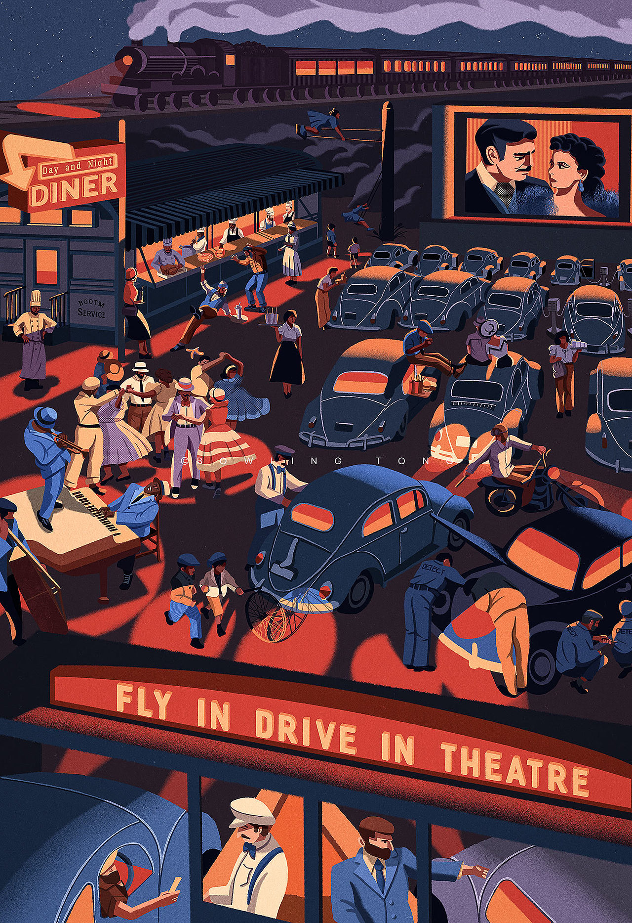 户外汽车影院-复古插画（图ZMzQyNDk2ODQ4） - 艺术插画 - 站酷设计师BowlingTong原创素材 - 站酷ZCOOL