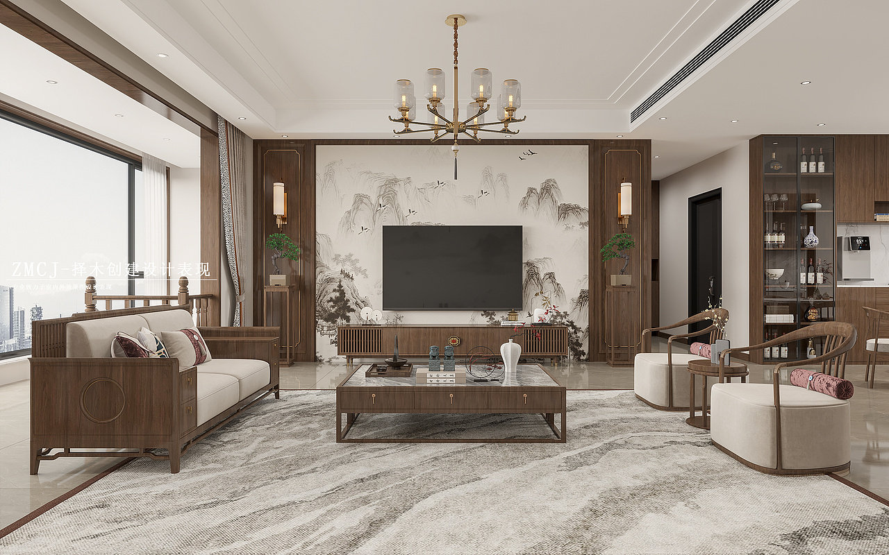 新中式客厅茶室效果—择木创建柒柒效果图