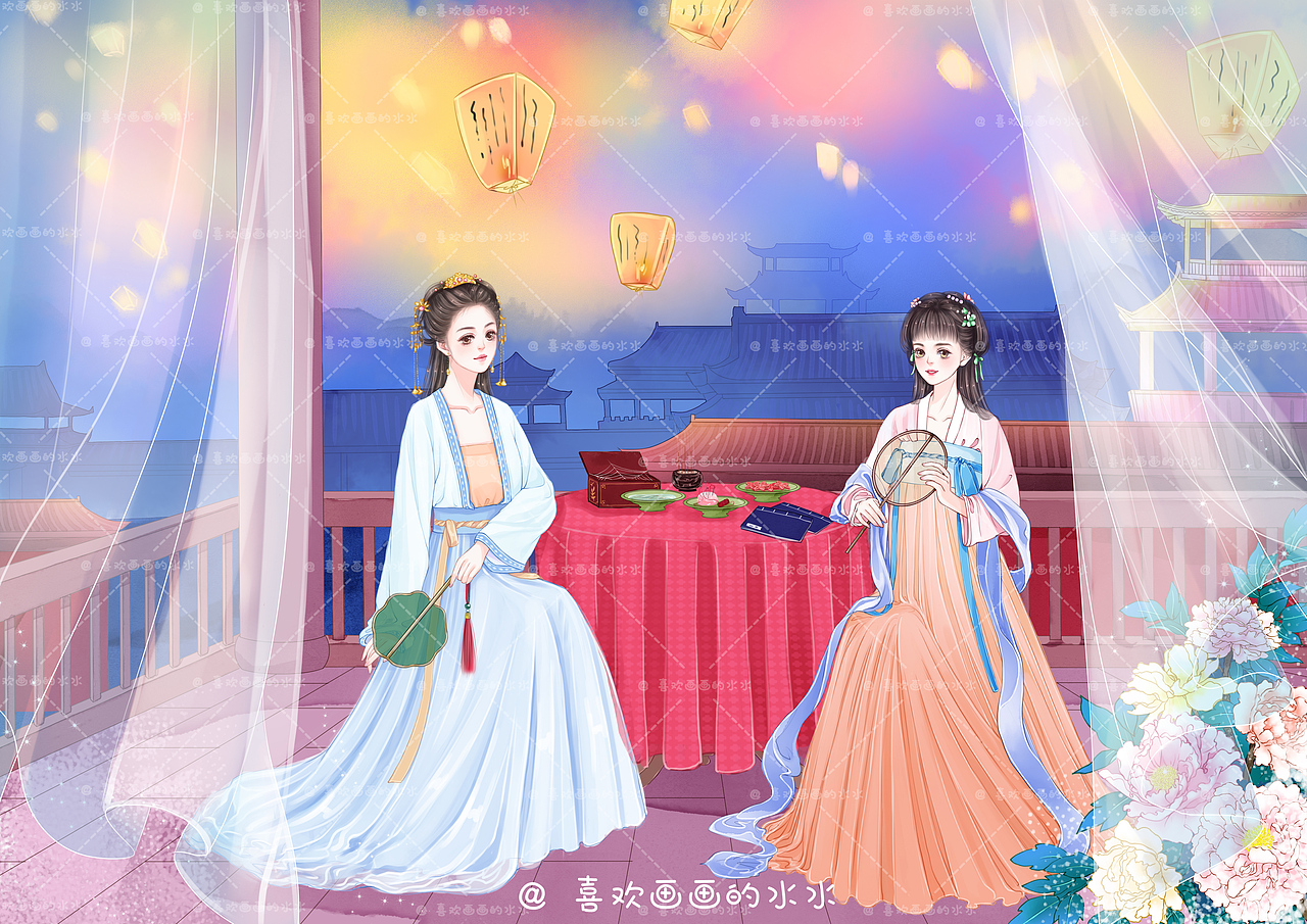 闺蜜七夕过乞巧节（图ZMjUyMjk1Njc2） - 创作习作 - 站酷设计师水水插画原创素材 - 站酷ZCOOL