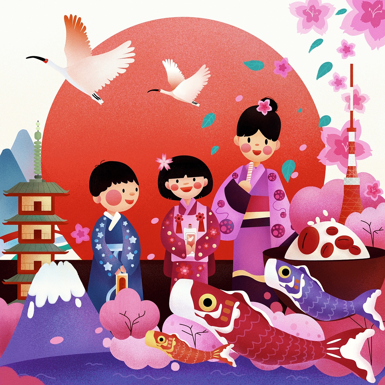 日本
女孩节：父母会在陈列台放置玩偶作为女孩的礼物<br>男孩节：家门口悬挂“鲤鱼旗”<br>“七五三”儿童节：去神社保佑平安。