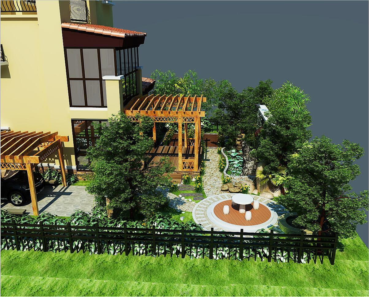 一套别墅前后花园的模型,水系,景观,长廊