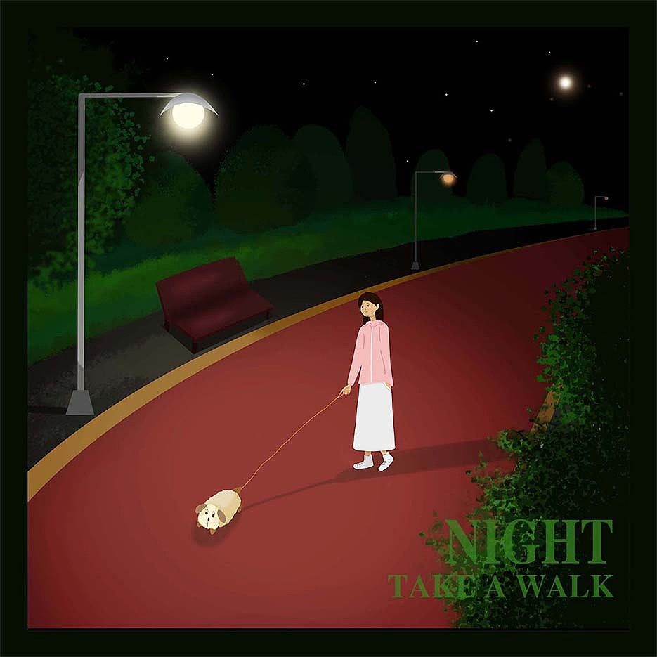 夏日晚间散步遛狗 插画