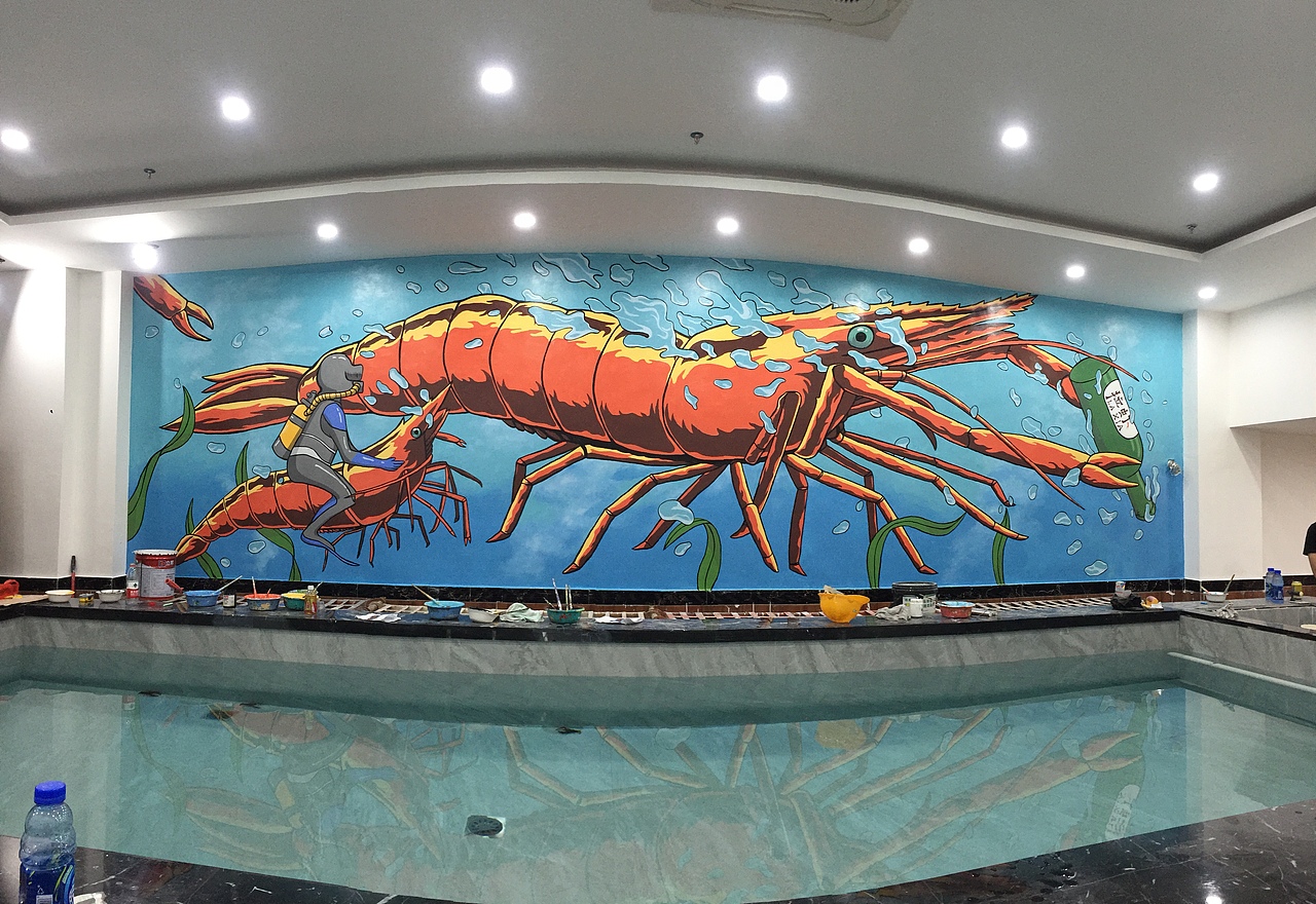 拉虾·钓虾馆墙绘插画(已商用)