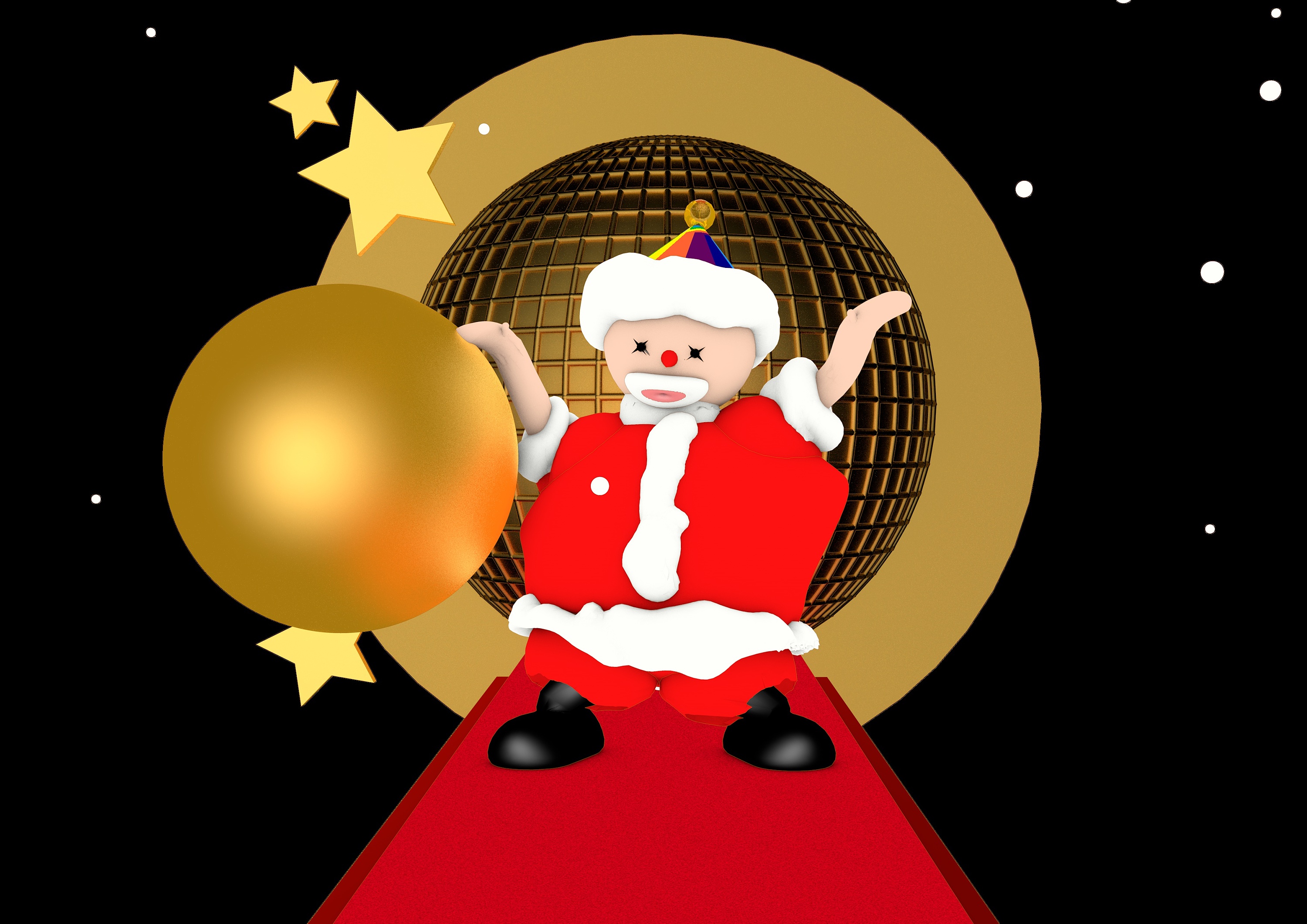 圣诞老人被星星彩球雪环绕快乐的跳舞christmas father