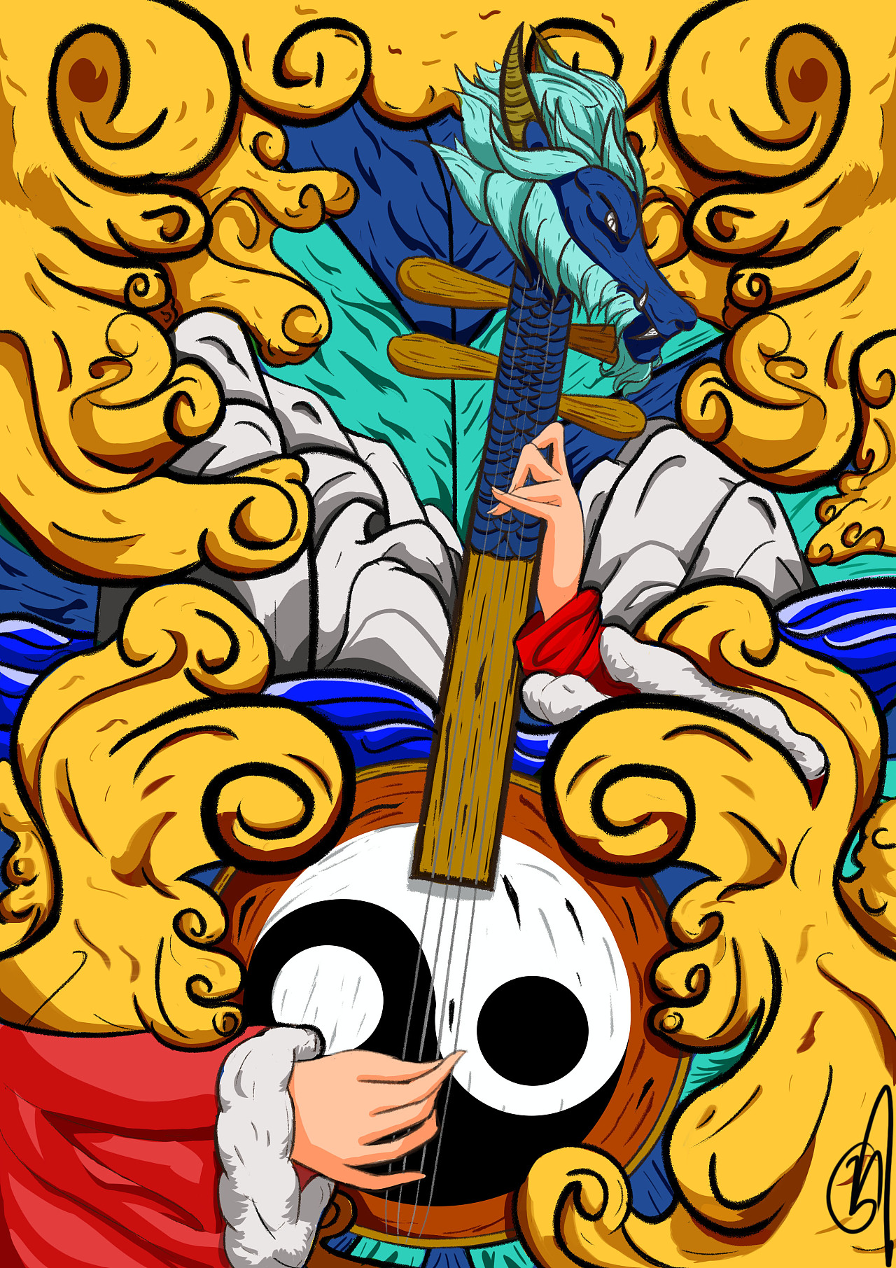 国朝插画龙头古琴【囚牛】