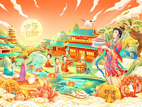 中秋礼盒包装海报插画设计