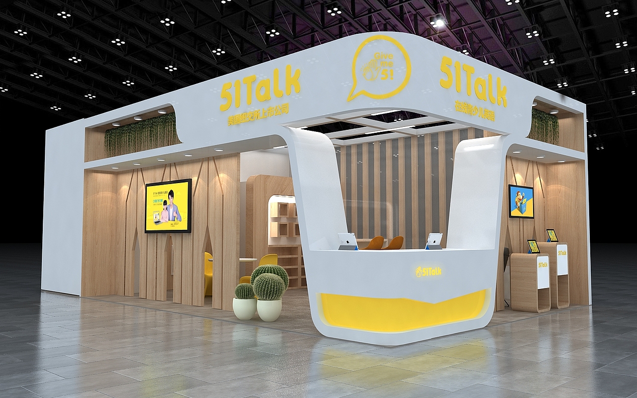 51展位白黄系原木结构3d设计效果图