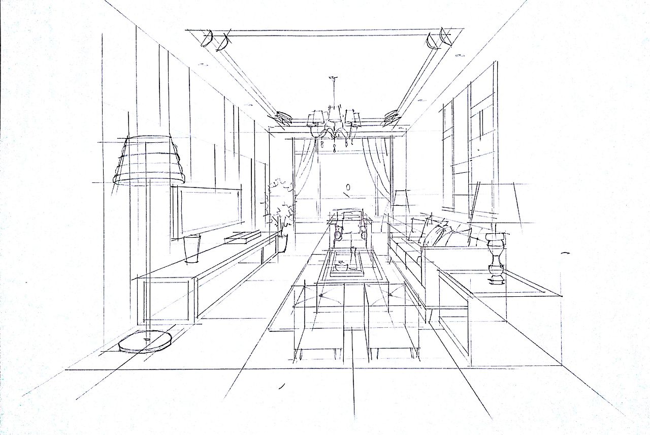 客厅空间一点透视黑白效果绘制步骤图._一叶手绘-站酷zcool