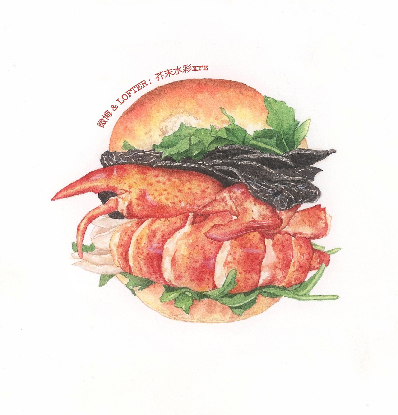 水彩美食 龙虾汉堡