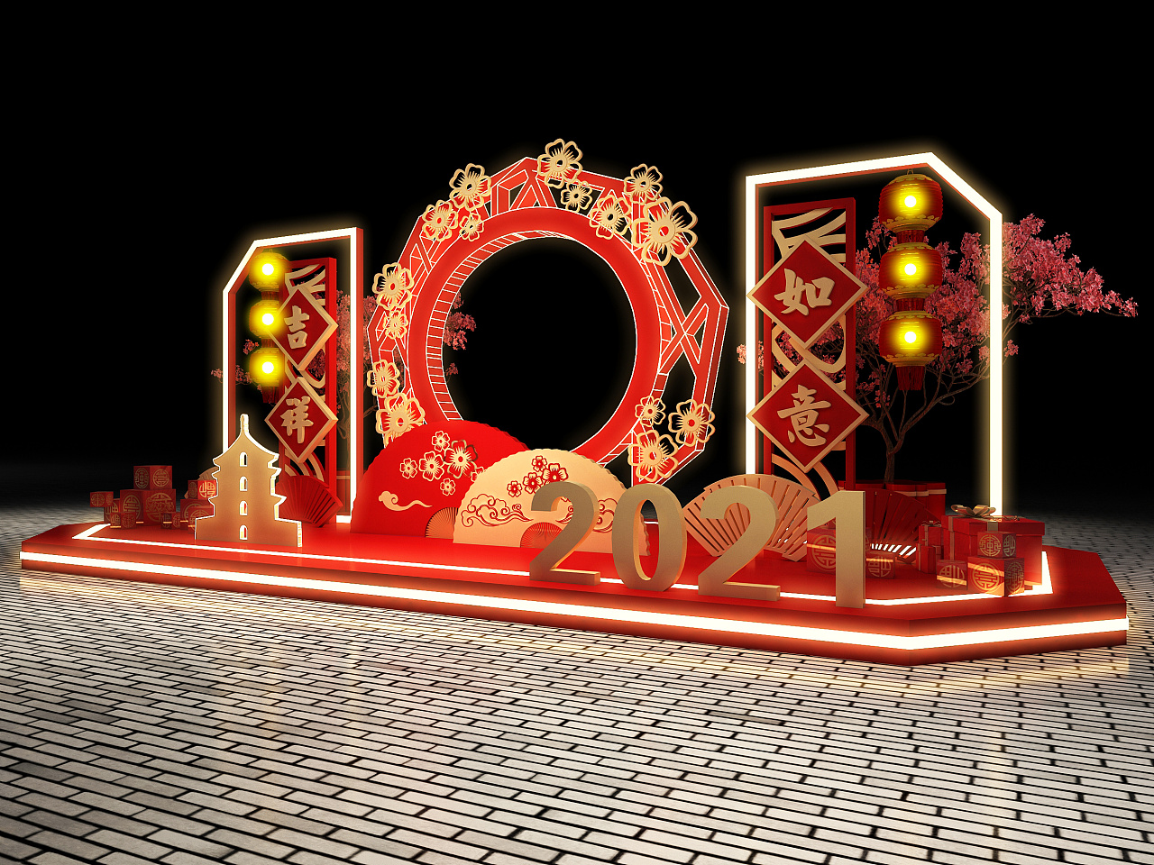 3d设计效果图中式2021年新春专用美陈dp拍照打卡点