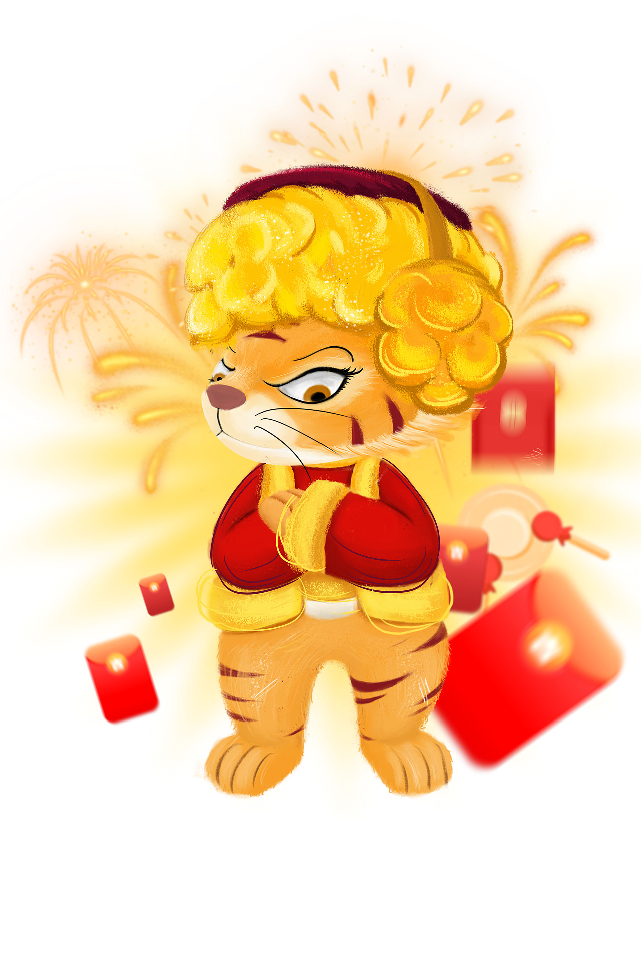 鞭炮彩球虎妞卡通形象元素|插画|商业插画|jiaxiuyue - 原创作品