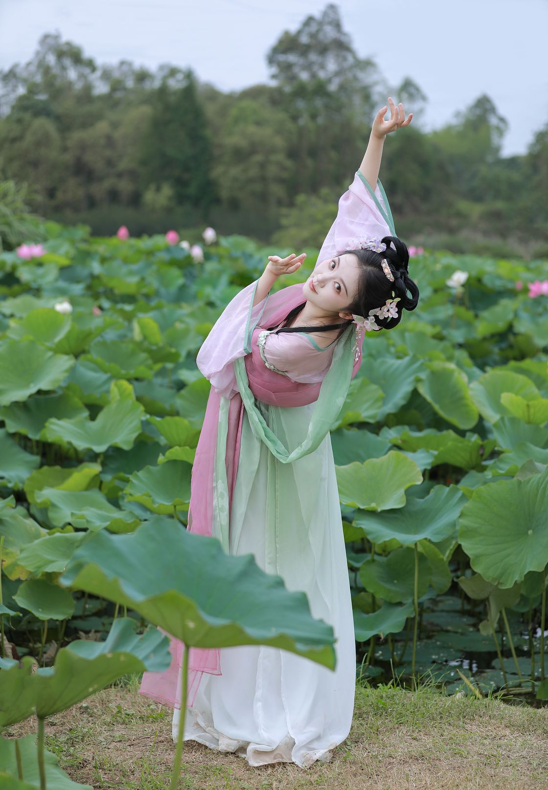 荷叶罗裙一色裁，芙蓉向脸两边开