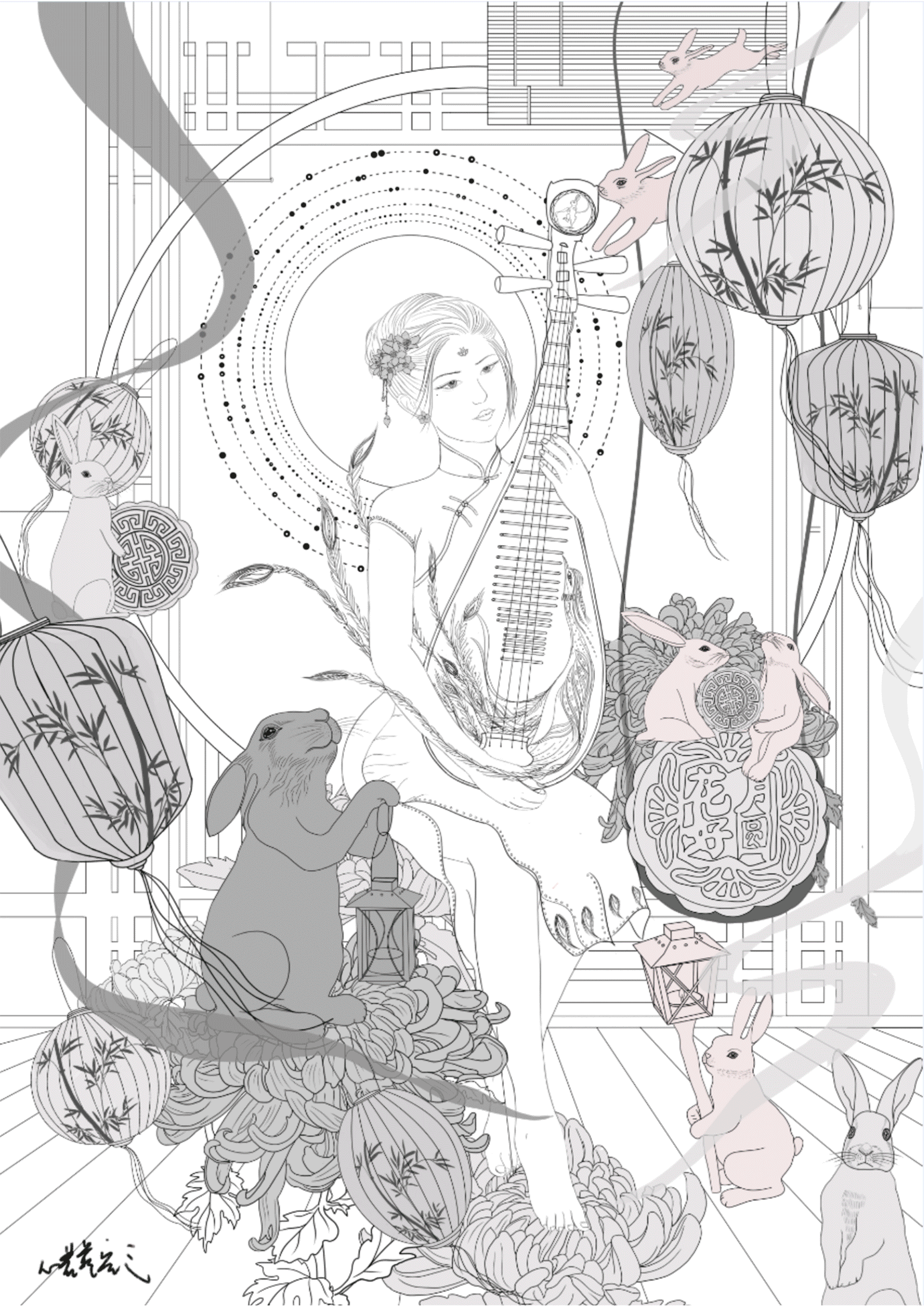 国潮插画~中秋月圆夜(玉兔、琵琶)