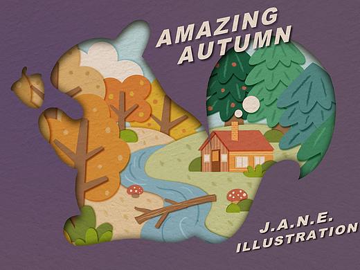 松鼠与秋天剪纸风插画